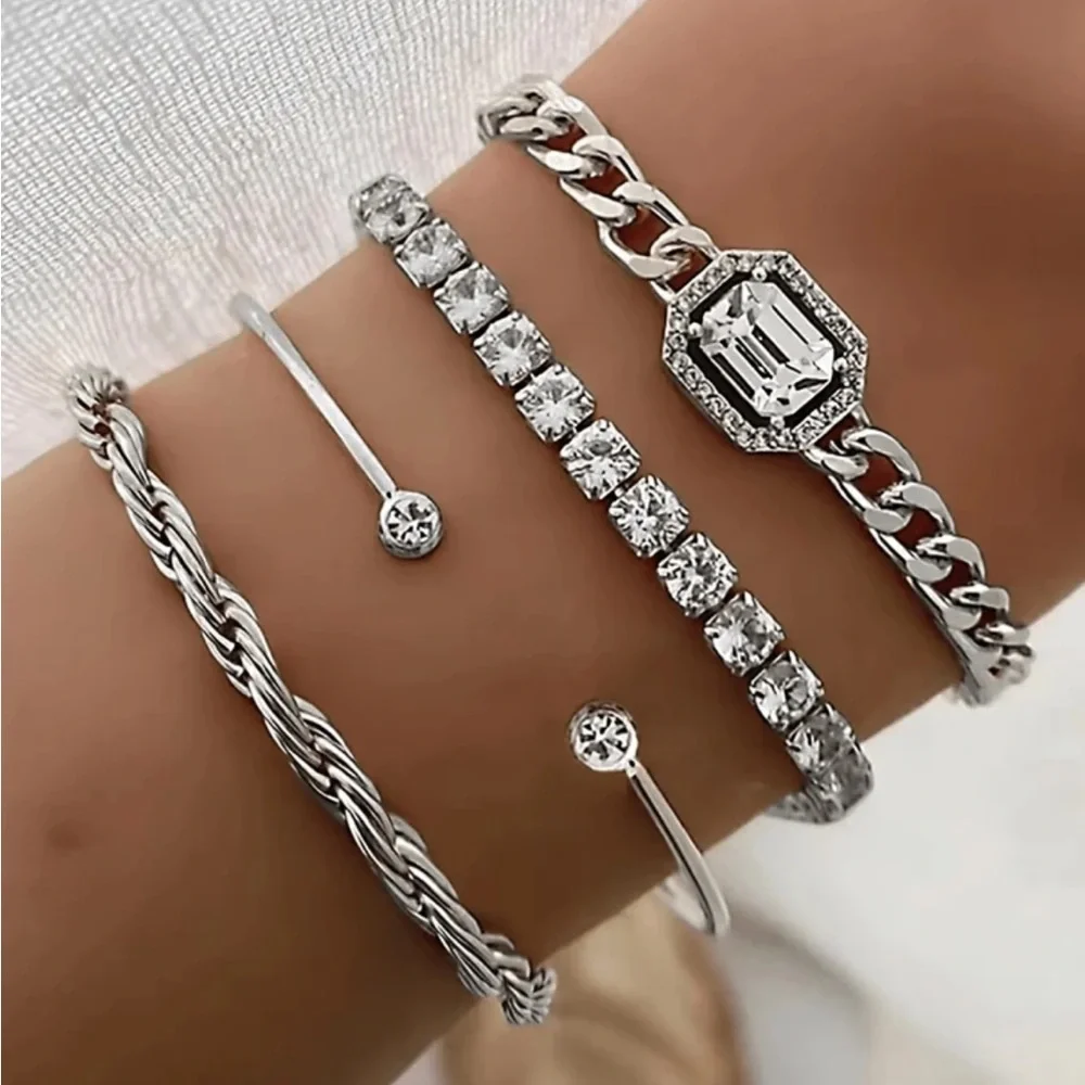 Silver Chain Link and Tennis Bracelet Set